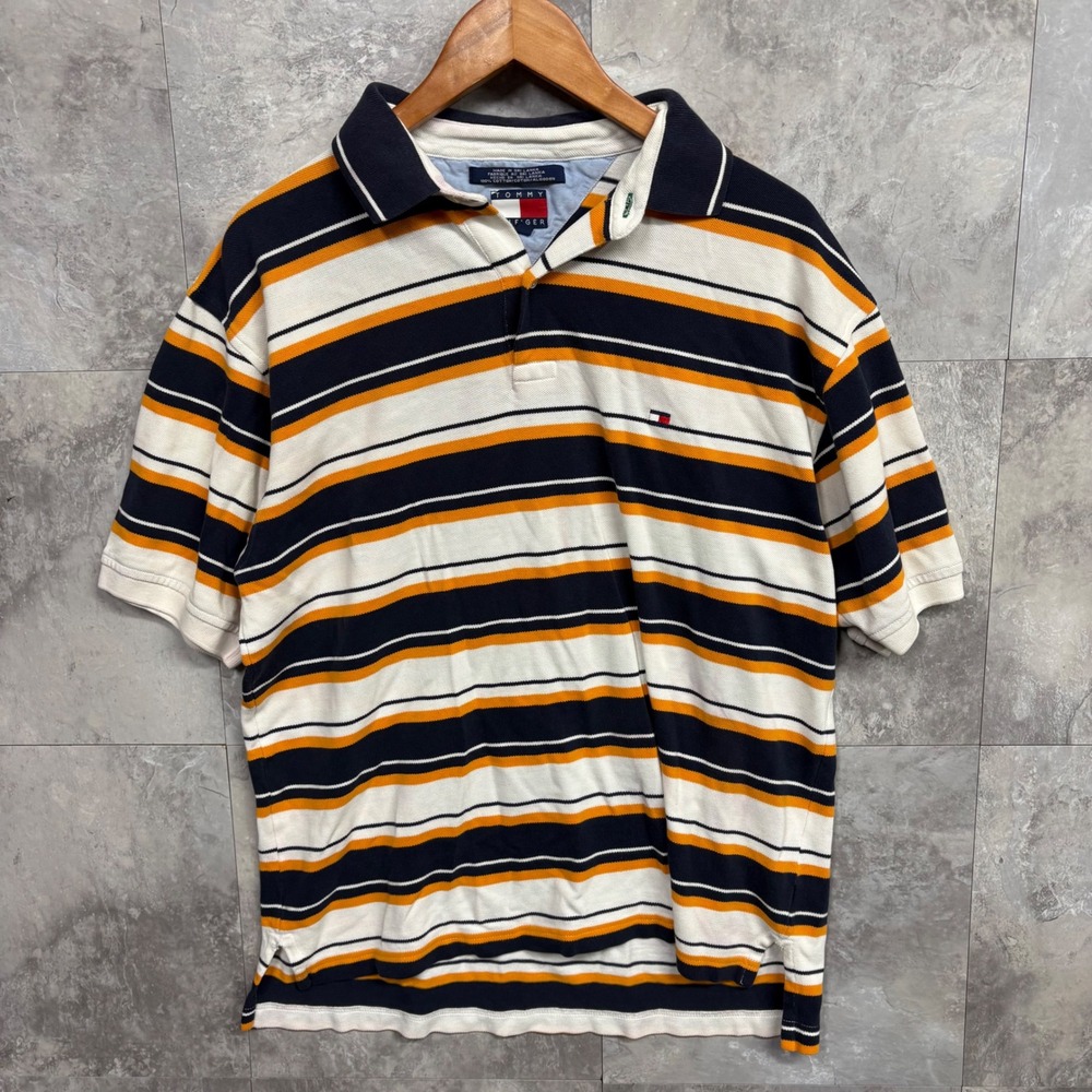 Tommy Hilfiger Large Polo Shirt Short Sleeve Striped Navy Orange White Cotton